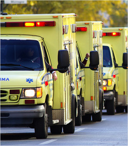 A fleet of ambulances which need commercial auto insurance coverage.