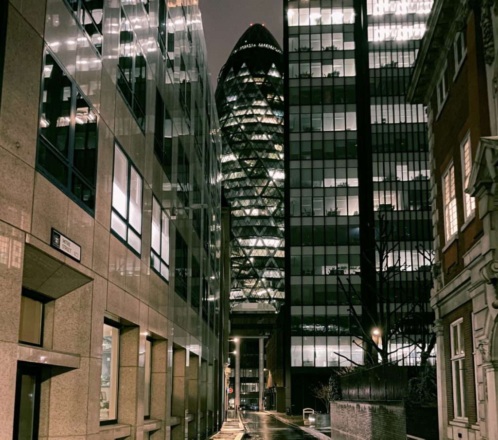 A view of The Gherkin, or 30 St Mary Axe in London