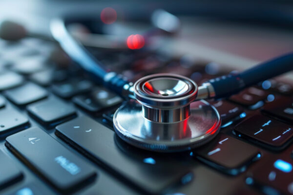 A stethoscope lying on a computer keyboard, representing US hospitals cyberattack vulnerability.